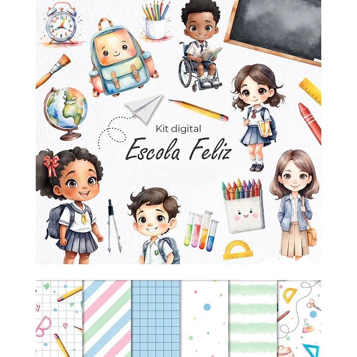 Kit Digital Escola Feliz Volta as Aulas em Aquarela Arquivos em Png   1