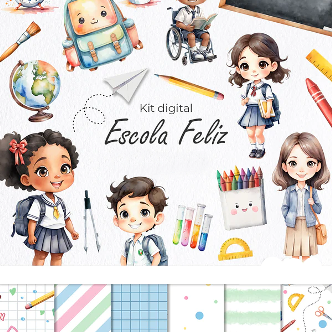 Kit Digital Escola Feliz Volta as Aulas em Aquarela Arquivos em Png   1