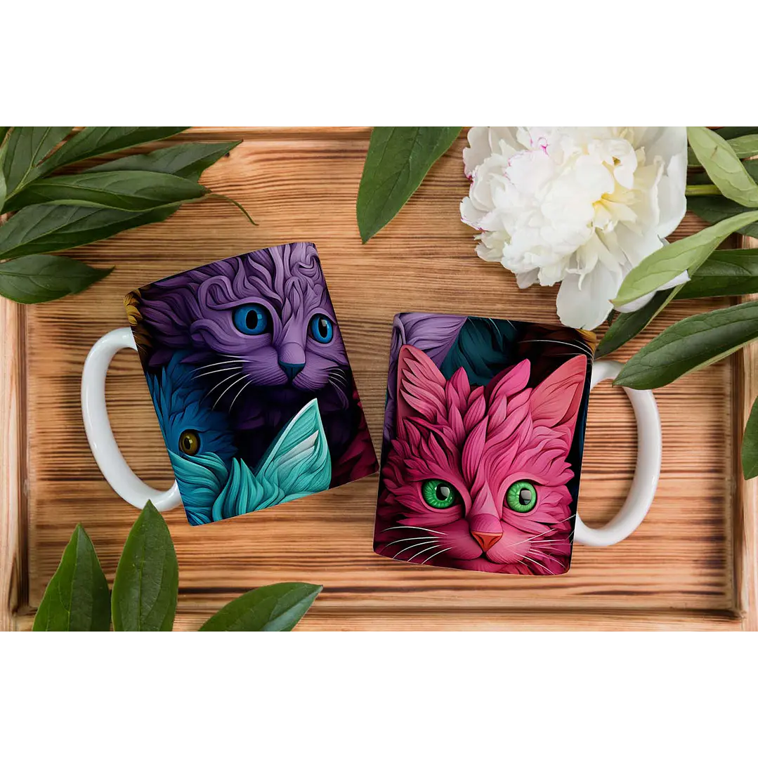4 Artes para Caneca Gatinhos 3D Arquivo em Jpg   3