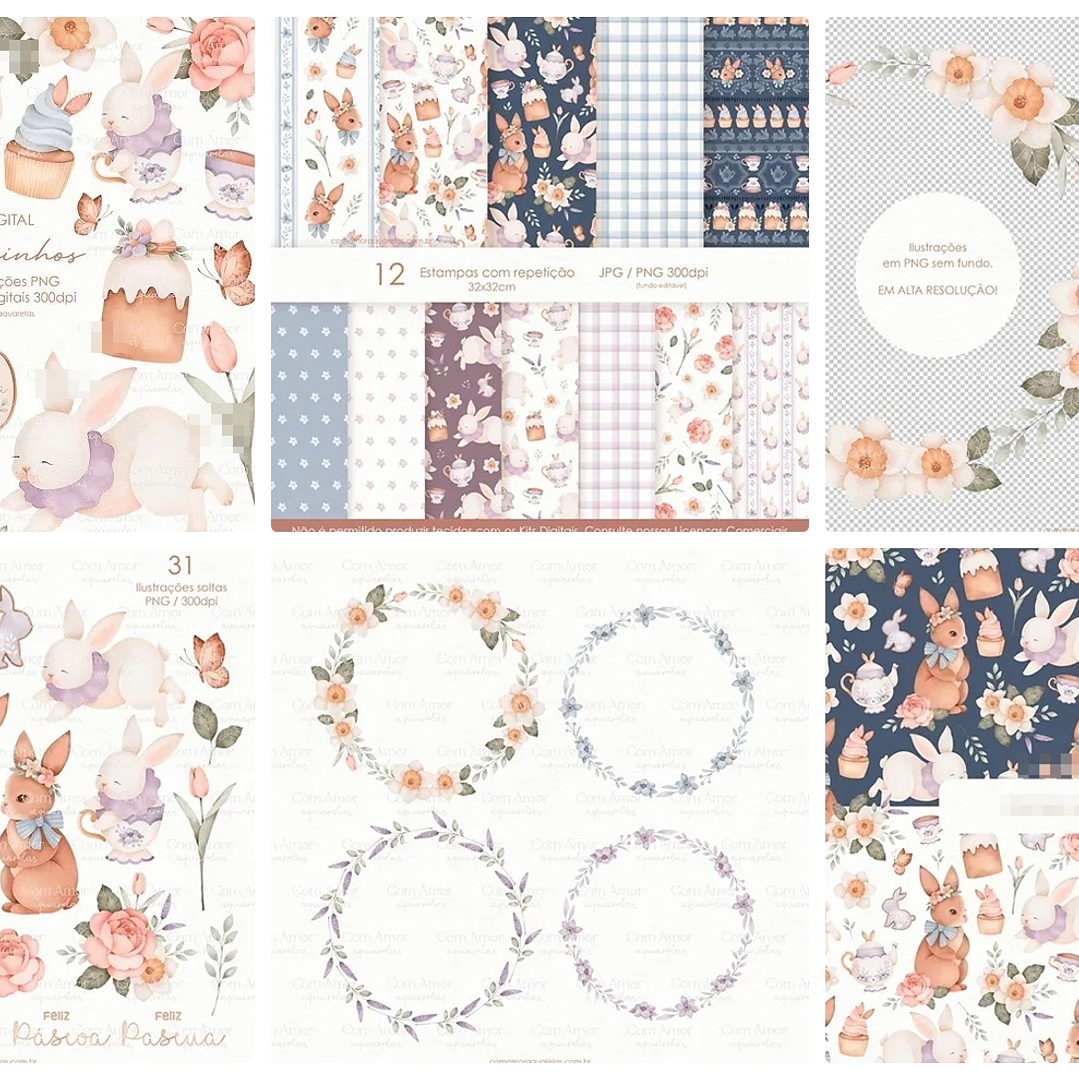 Kit Digital Páscoa Coelhinho em Aquarela Png  1