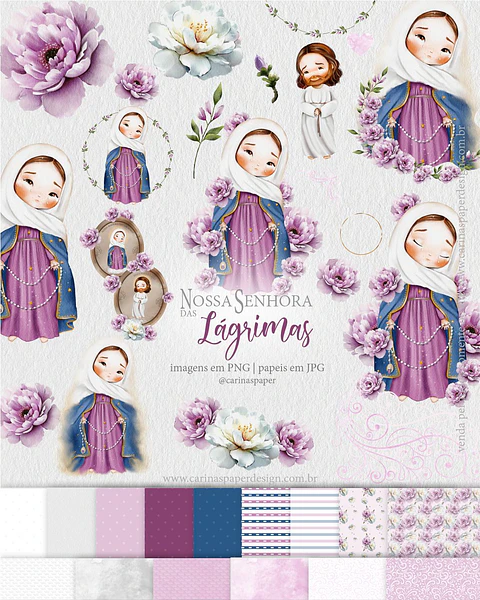 Kit Digital Nossa senhora das Lágrimas Aquarela em Png 