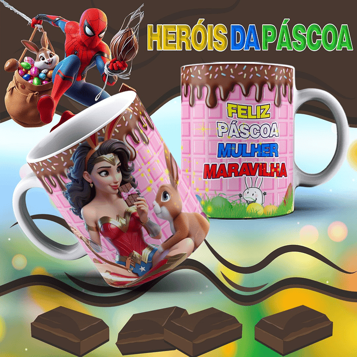 12 Arte para Caneca Páscoa Super Heróis Arquivo Editável 10