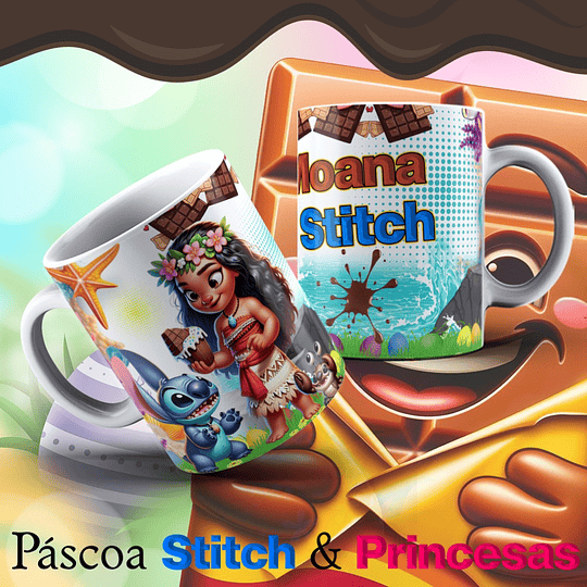 13 Arte para Caneca Páscoa Princesas e Stitch Arquivo Editável  