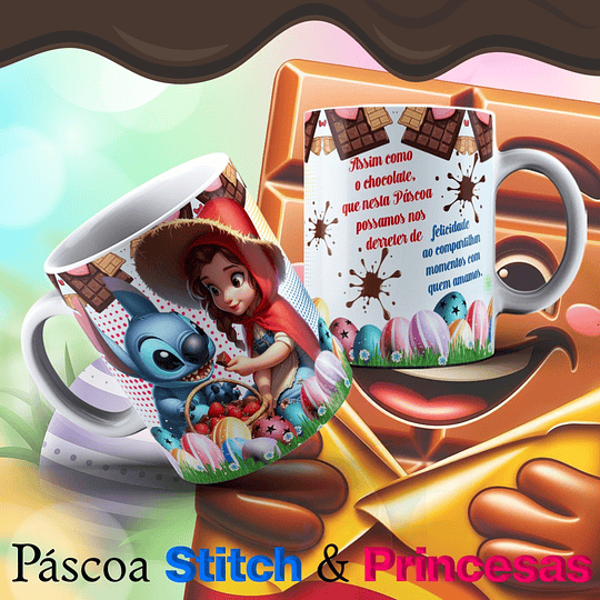 13 Arte para Caneca Páscoa Princesas e Stitch Arquivo Editável  