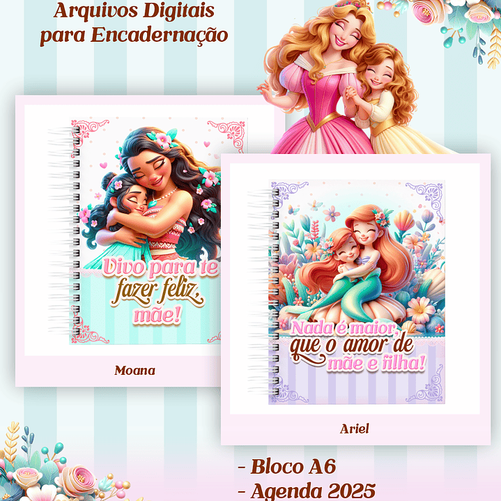 Arquivos para Encadernação Dia das Mães Princesas da Disney em Pdf e Png 3