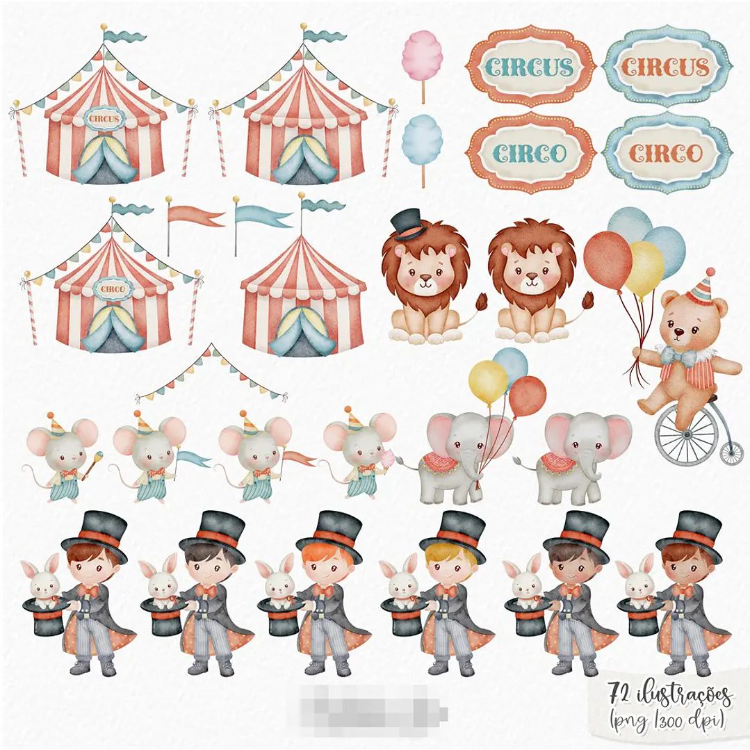 Kit Digital Circo Mágico Aquarelado em Png 3