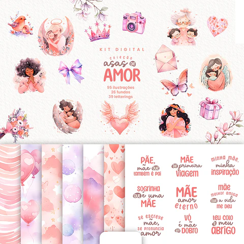 Kit Digital Dia das Mães Amor Aquarela Arquivos em Png