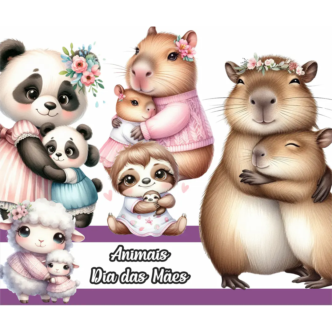 Kit Digital Dia das mães Animais Panda, Preguiça, Capivara e Outros Arquivo em Png   1