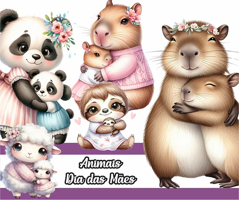 Kit Digital Dia das mães Animais Panda, Preguiça, Capivara e Outros Arquivo em Png  