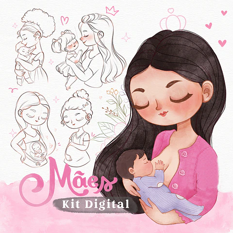 Kit Digital Dia das Mães Bonequinhas Aquarelado Arquivo em Png  