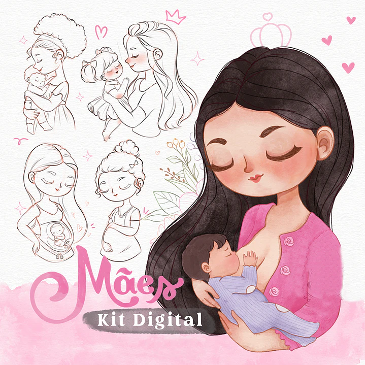 Kit Digital Dia das Mães Bonequinhas Aquarelado Arquivo em Png   1