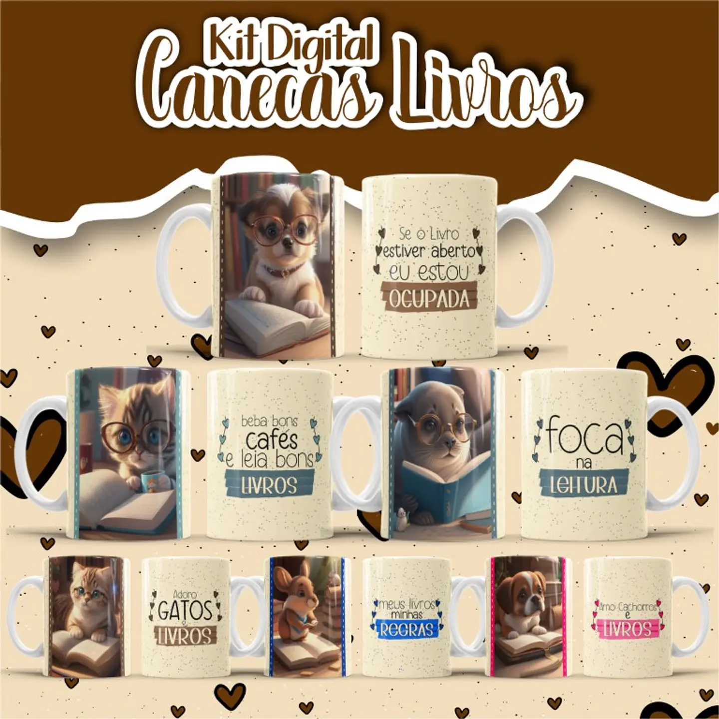 5 Artes Caneca Livros Animais Arquivo Editável 1