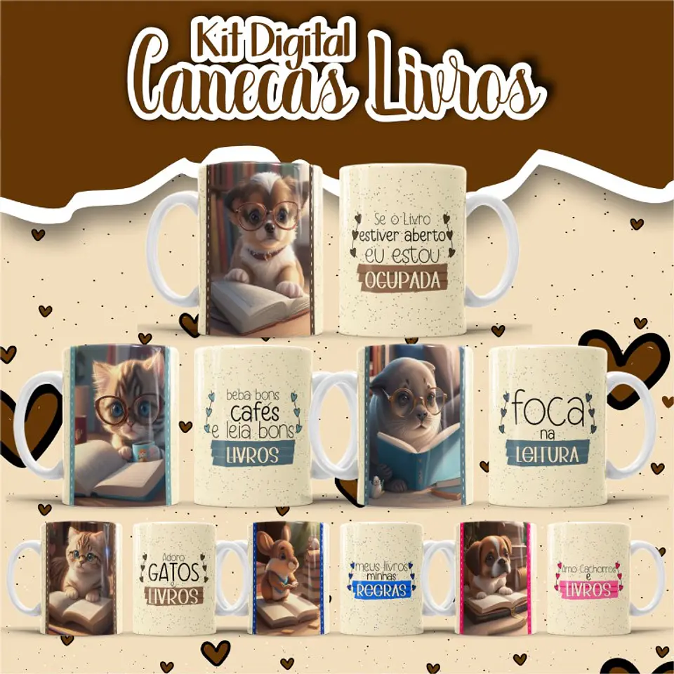 5 Artes Caneca Livros Animais Arquivo Editável 1