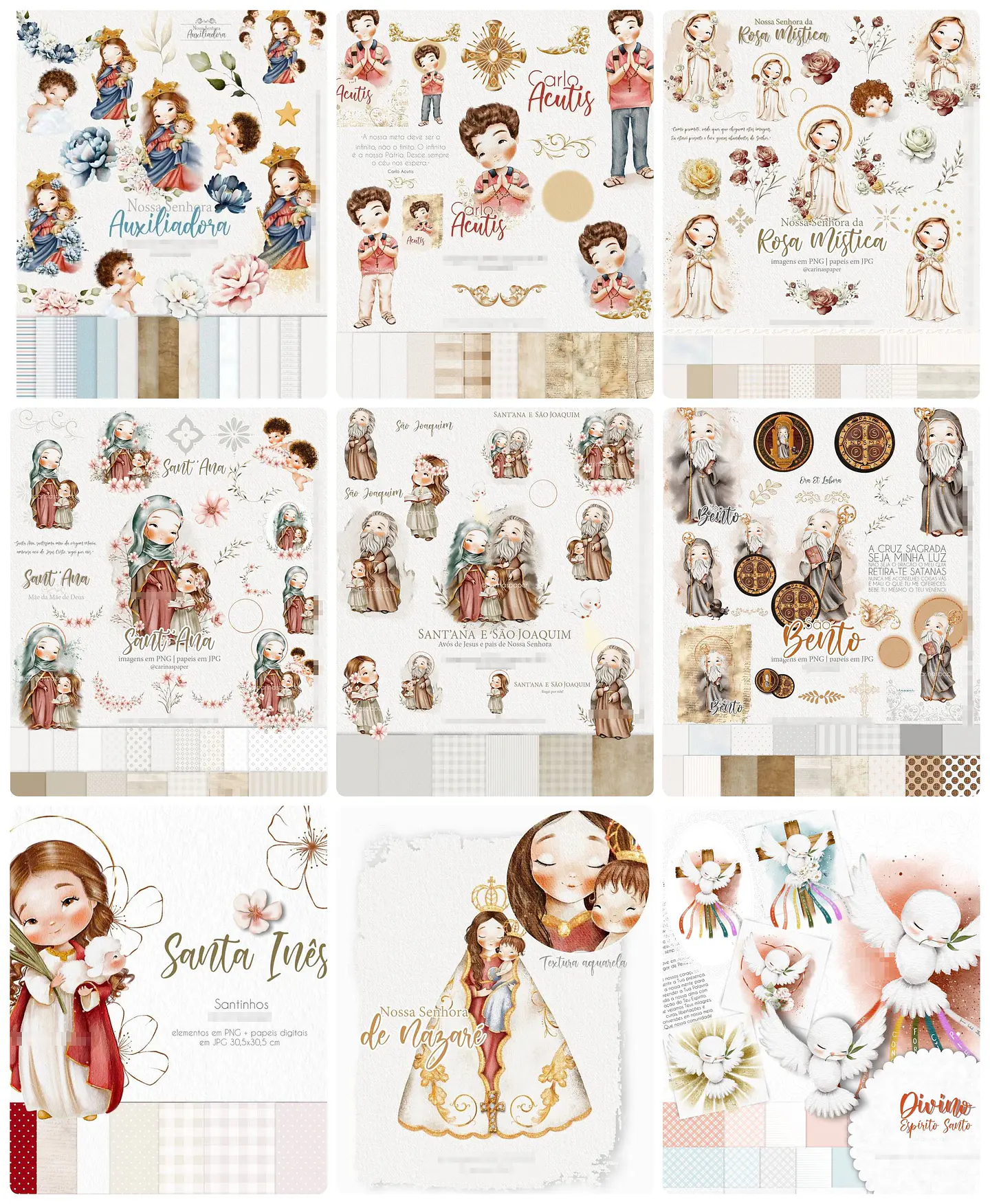 Kit Digital Santinhos em Aquarela Arquivos em Png   1