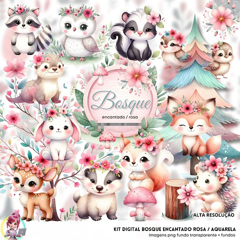 Kit Digital Bosque encantado Rosa em Png 