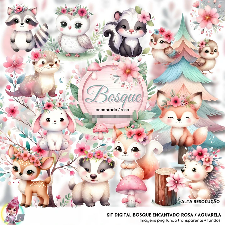 Kit Digital Bosque encantado Rosa em Png  1