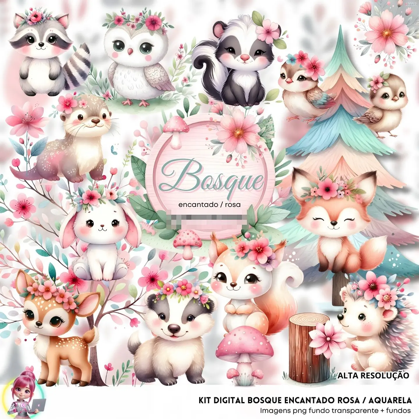 Kit Digital Bosque encantado Rosa em Png  1