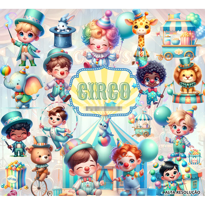 Kit Digital Circo Azul Aquarela em Png 1
