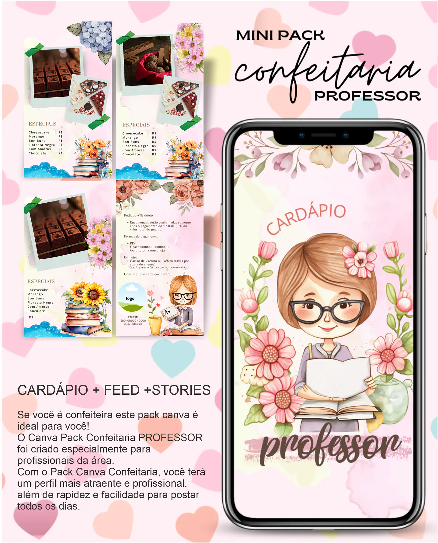 Pack Canva Confeiteira Cardápio Feed Stories Templates Editáveis  1