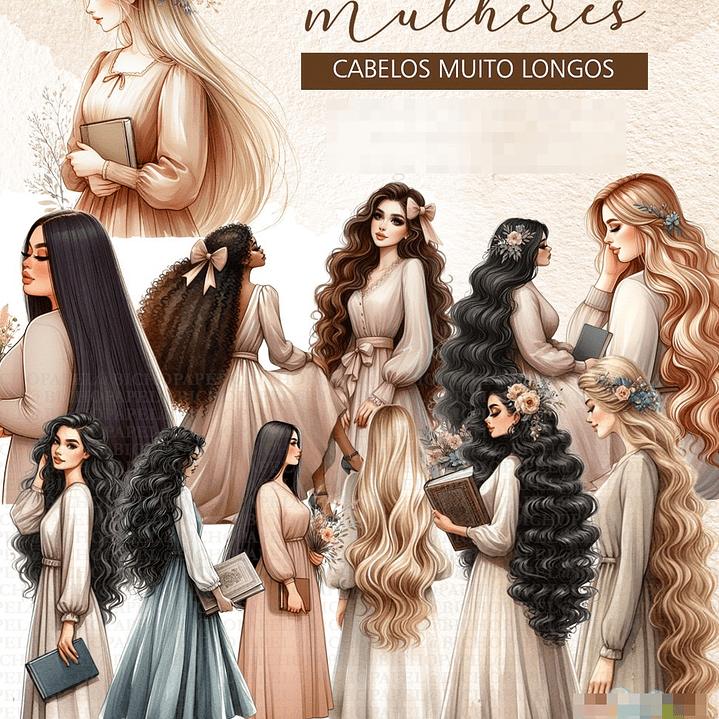 Kit Digital Mulher de Cabelos Compridos em Png   1