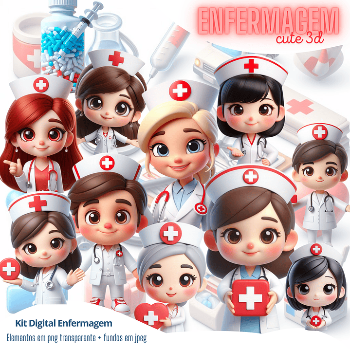 Kit Digital Enfermagem cute 3d em Png  1