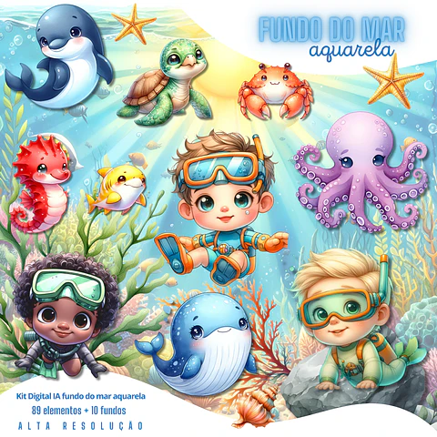 Kit Digital Fundo do Mar Meninos Aquarela em Png 