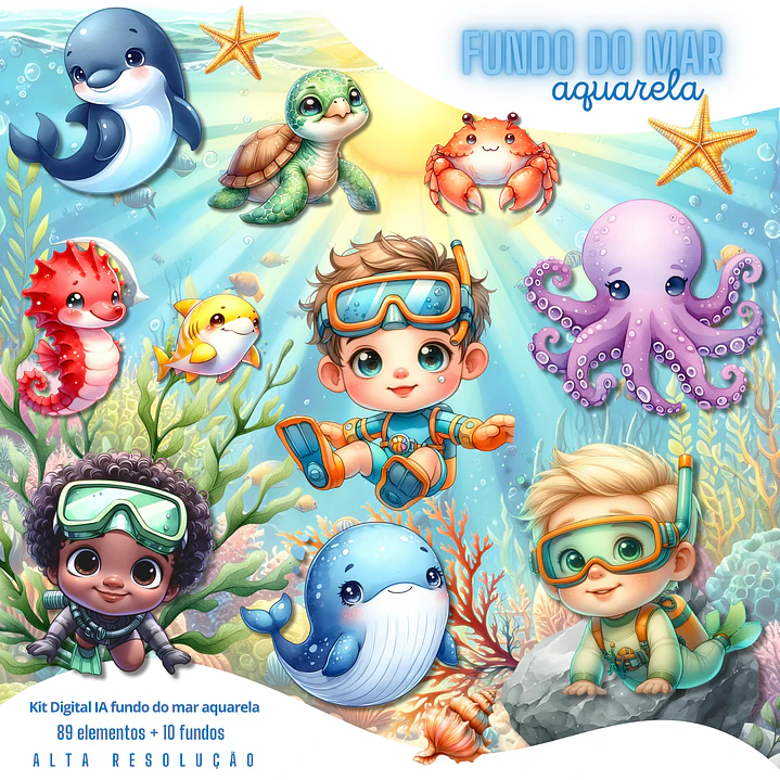 Kit Digital Fundo do Mar Meninos Aquarela em Png  1