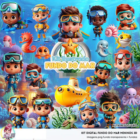 Kit Digital Fundo do Mar Meninos em Png 