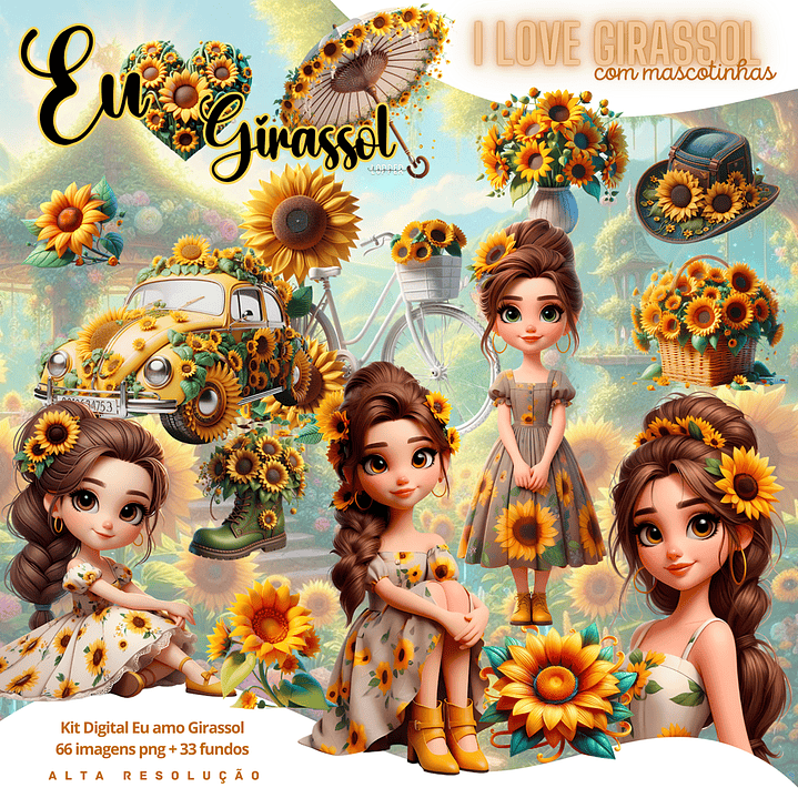 Kit Digital Menina Mulher Girassol Aquarela em Png  1