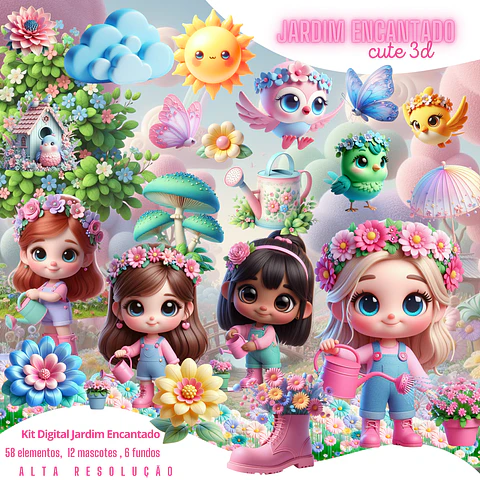 Kit Digital Jardim Cute em Png 