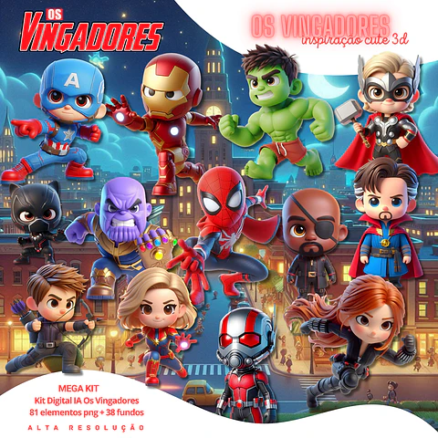 Kit Digital Os Vingadores Cute em Png