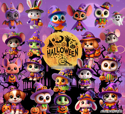 Kit Digital Animais Fofos Hallowen em Png 