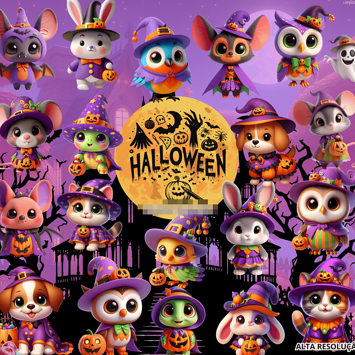 Kit Digital Animais Fofos Hallowen em Png  1