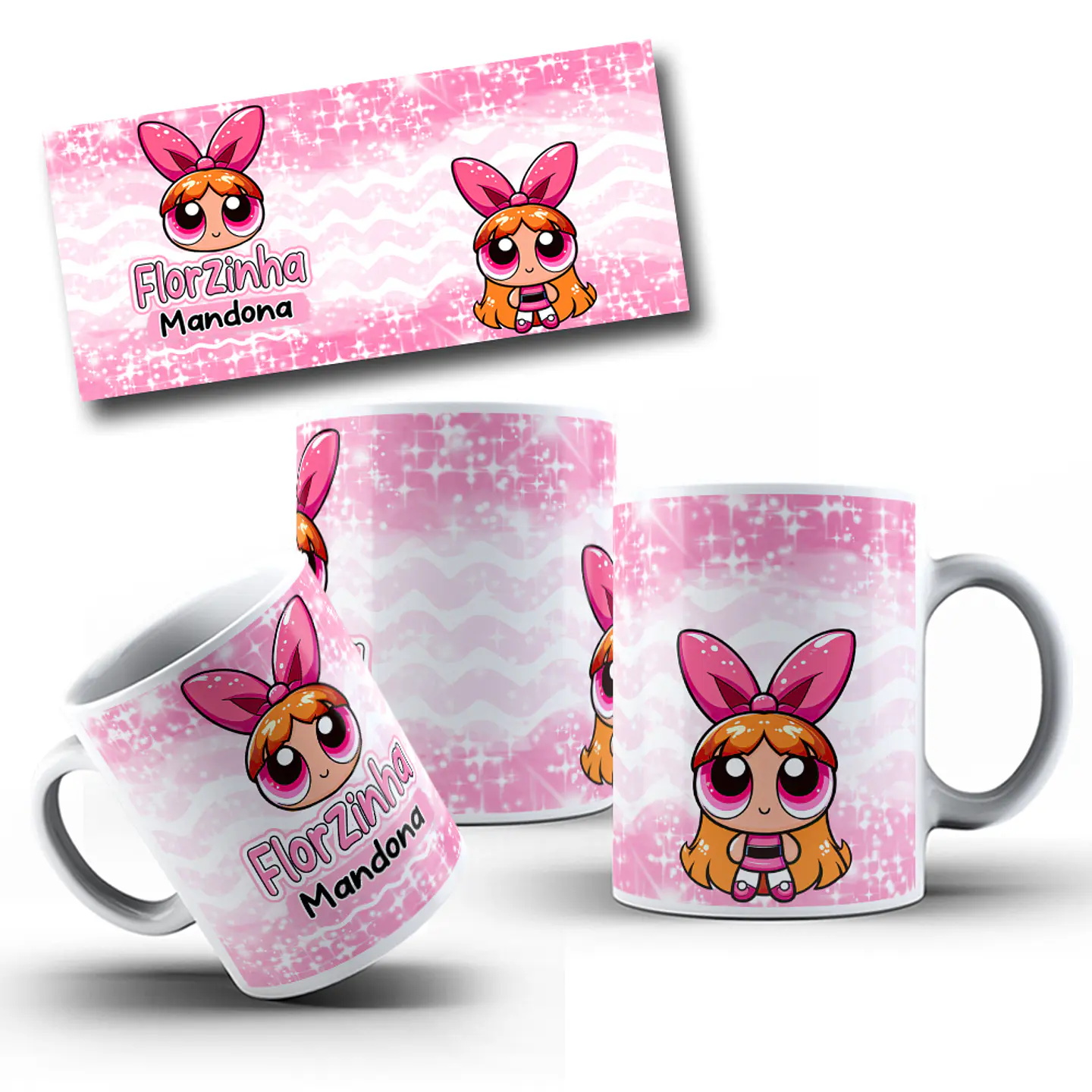 4 Artes para Caneca e Torre de Xícara Meninas Super Poderosas Personalidades Glitter Arquivo em Jpg   6