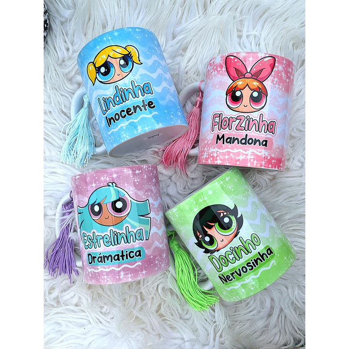 4 Artes para Caneca e Torre de Xícara Meninas Super Poderosas Personalidades Glitter Arquivo em Jpg   1