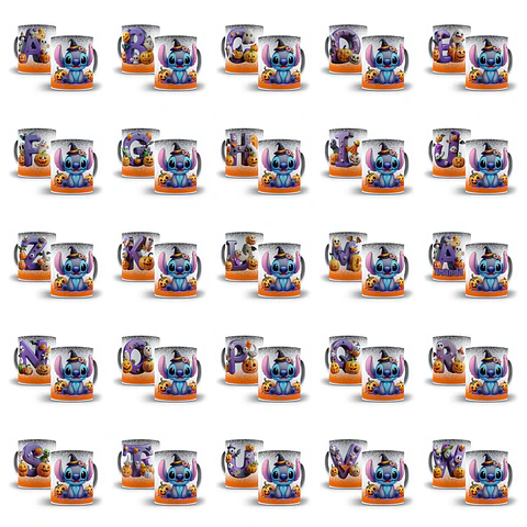 26 Artes para Caneca Alfabeto Stitch Halloween Arquivo em Jpg 