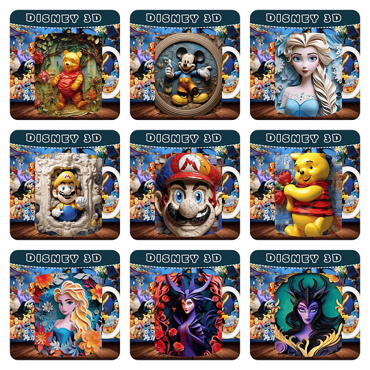 30 Artes para Caneca Personagens Disney 3D Arquivo em Jpg  