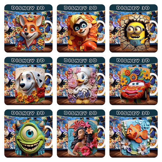 30 Artes para Caneca Personagens Disney 3D Arquivo em Jpg  