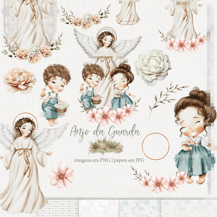 Kit Digital Anjos da Guarda Aquarelado Arquivos em Png 1