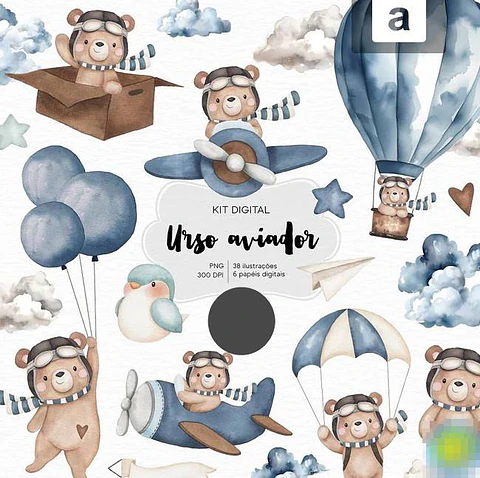 Kit Digital Ursinho Aviador Aquarela Arquivos em Png 