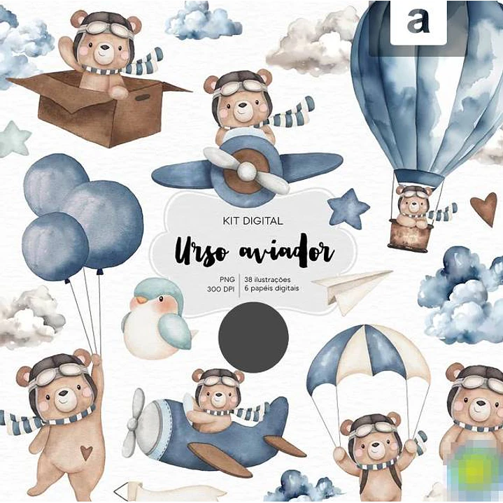 Kit Digital Ursinho Aviador Aquarela Arquivos em Png  1