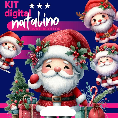 Kit Digital Papai Noel Natal Aquarelado  Arquivos em Png 