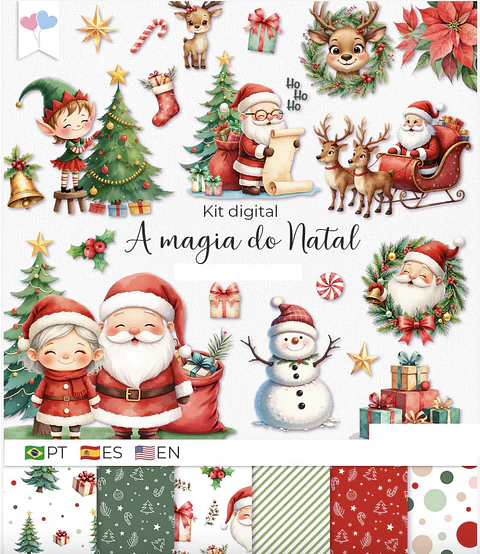 Kit Digital Papai Noel a Mágia do Natal Aquarelado em Png 