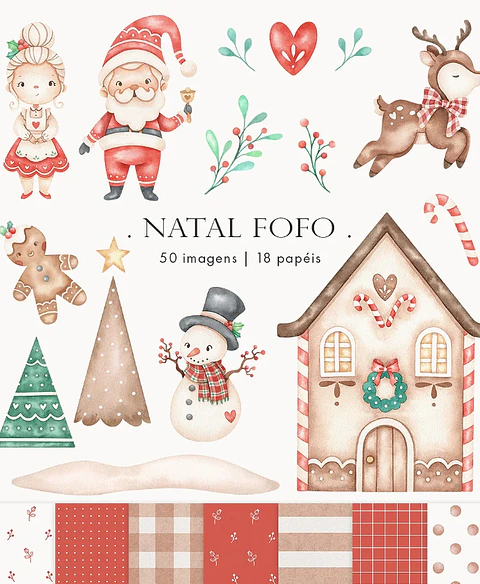 Kit Digital Natal Fofo Aquarelado em Png