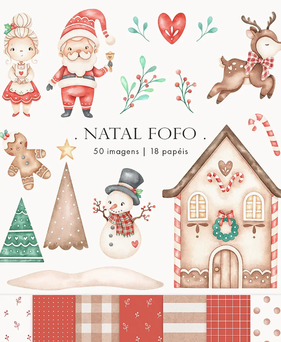 Kit Digital Natal Fofo Aquarelado em Png 1