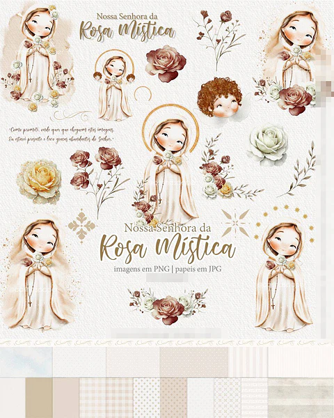 Kit Digital Santinhos Nossa Senhora Rosa Mística Aquarelado Png 
