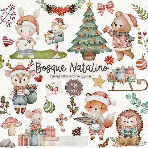 Kit Digital Bosque Natalino Natal Aquarelado em Png