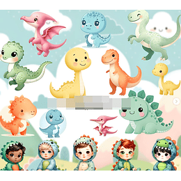 Kit Digital Dino Dinossauro Baby Aquarela em Png  