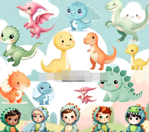 Kit Digital Dino Dinossauro Baby Aquarela em Png  