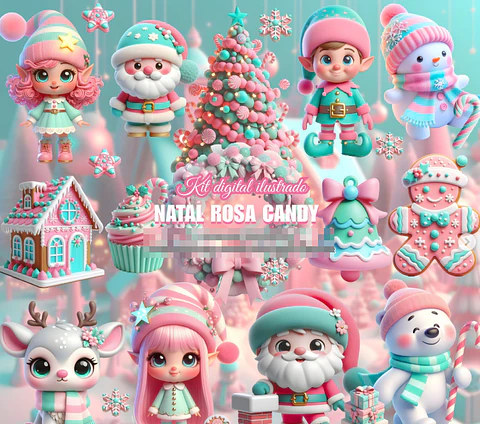 Kit Digital Natal Candy Rosa em Png
